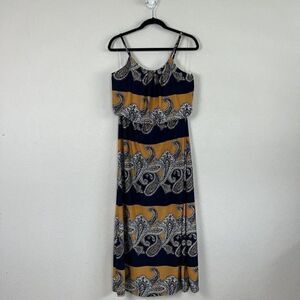 Magic Womens Yellow & Blue Paisley Boho Summer Maxi Dress Spaghetti Straps Large
